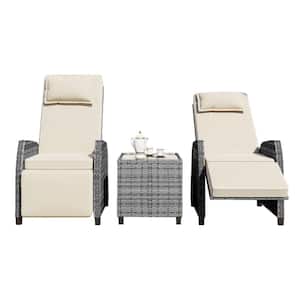 3-Piece Wicker Patio Conversation Set Adjustable Chair Combination with Coffee Table and Beige Cushions