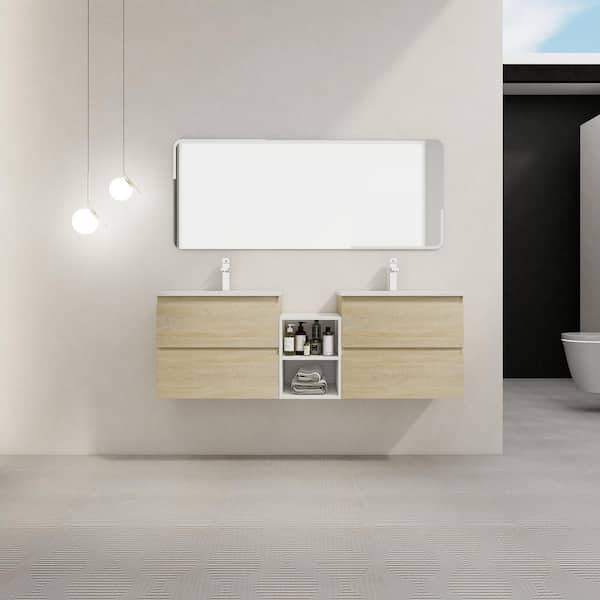 Bohemia 60 in. W x 18.3 in. D x 20.5 in. H Floating in Light Oak Bath Vanity with White Ceramic Top Vanity