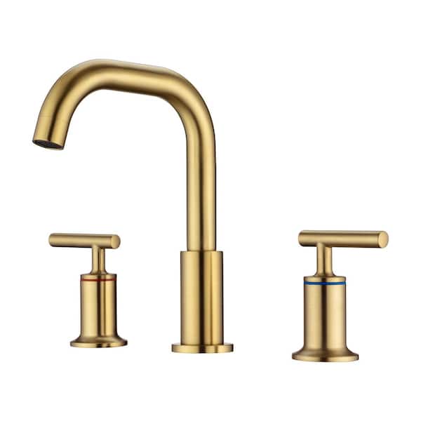 Unbranded Modern 8 in. Widespread 3-Hole 2-Handle High Arc Bathroom Sink Basin Faucet with Valve and Pop-Up Drain in Brushed Gold