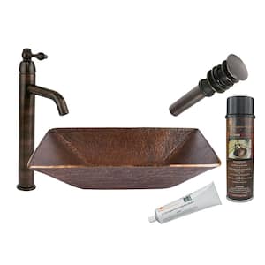 All-in-One Modern Hand Forged Old World Copper Rectangular Vessel Sink with Single Handle Vessel Faucet