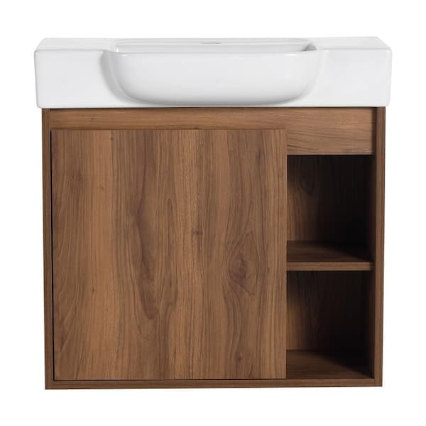24 in. x 13 in. x 23 in. Brown Wall-Mounted Bath Vanity with White Ceramic Top Sink and Soft-Close Door
