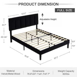 Upholstered Bed Frame Black Metal Frame Full Platform Bed with Adjustable Headboard Wood Slat No Box Spring Needed
