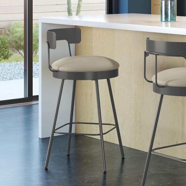 Amisco Monza 30.25 in. Greige Faux Leather/Dark Grey Metal Bar Stool
