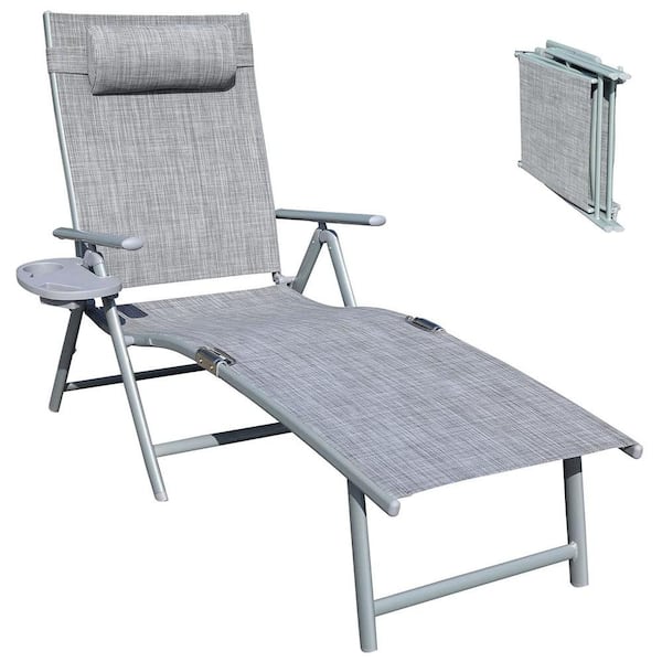 Cisvio Aluminum Metal Outdoor Folding Reclining Adjustable Chaise Lounge Chair with Cup Holder for Outdoor Patio Beach Gray