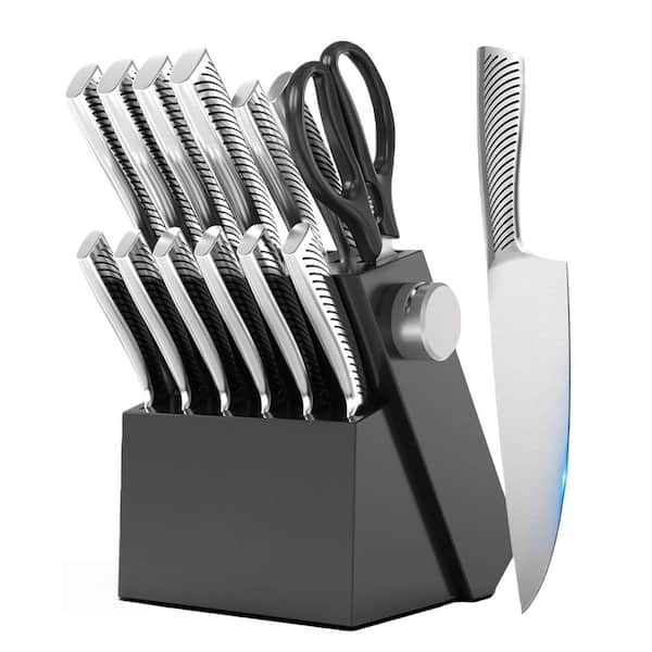 14-Piece Stainless Steel Kitchen Knife Set with Block and Built-in Sharpener, Black Knife Block Set for Kitchen
