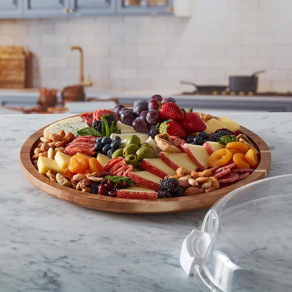 Farberware 14-in Round Build-a-Board Acacia Cutting Board with Single Compartment and Clear Locking Lid, White 5317655