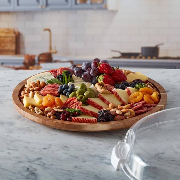 14 in. Round Build-a-Board Acacia Cutting Board with Single Compartment and Clear Locking Lid, White