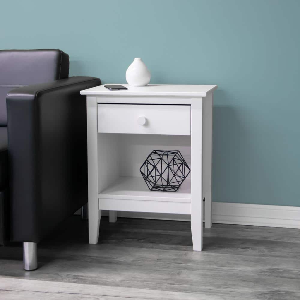 White Solid Wood Single Drawer End Table with Cubby