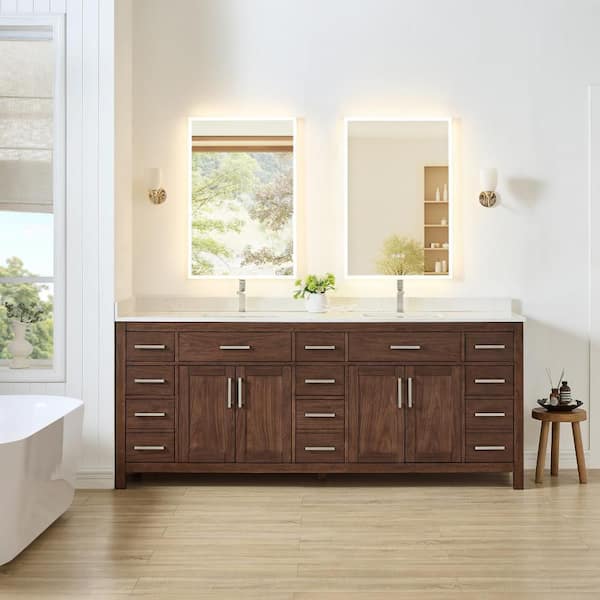 Beckett 84 in. Double Freestanding Dark Walnut Bath Vanity with Carrara Cultured Marble Top