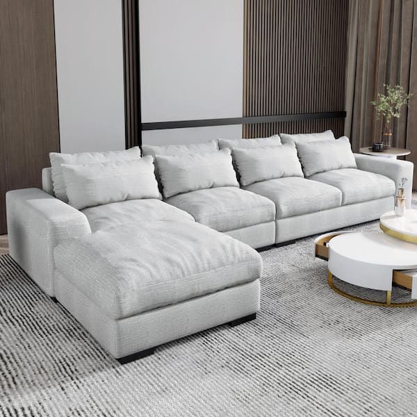 Magic Home 149.61 in. W Square Arm Linen L-Shaped Moveable Sectional Sofa with Ottoman in Light Gray
