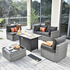 Sanibel Gray 6-Piece Wicker Outdoor Patio Conversation Sofa Sectional Set with a Metal Fire Pit and Black Cushions