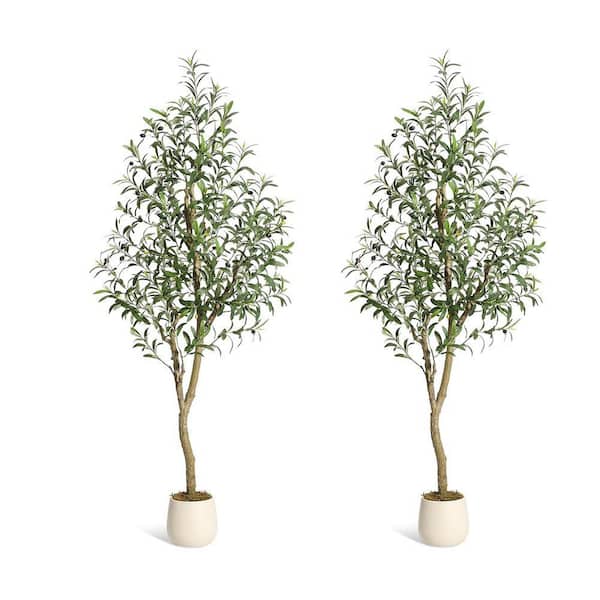 Unbranded 2-Pcs 6 ft. Artificial Olive Trees, Tall Plant Potted Tree with White Planter wl Natural Wood Trunk and Lifelike Fruits
