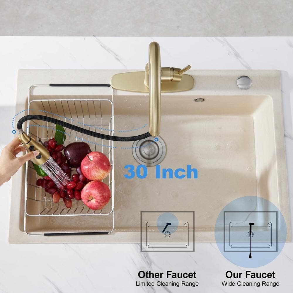 Brushed Gold Stainless Steel High Arc Kitchen Faucet with Pull-out Spray