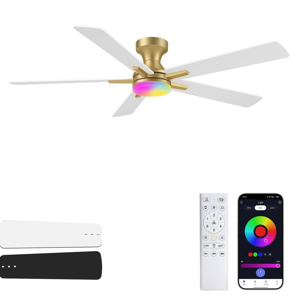 52 in. RGB Smart Modern Gold Flush Mount Outdoor Indoor Ceiling Fan with LED Lights and Remote/APP, Reversible DC Motor