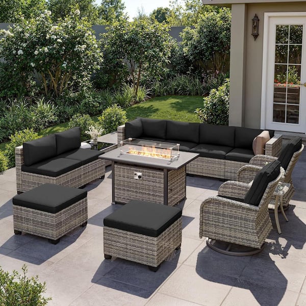 13-Piece Wicker Patio Conversation Set with 55,000 BTU Fire Pit Table and Glass Top Table with Dark Gray Cushions