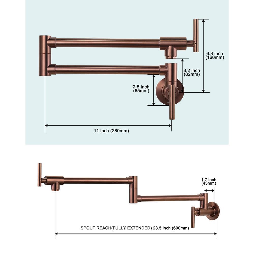 Rose Gold Brass Wall Mounted Pot Filler Faucet with Double Joint Swing Arms