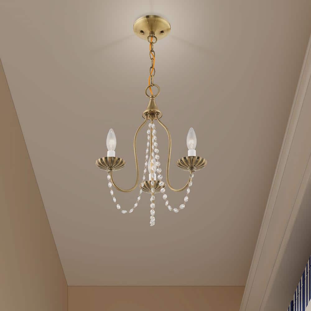 Antique Brass Mini Chandelier with Clear Crystal Trim