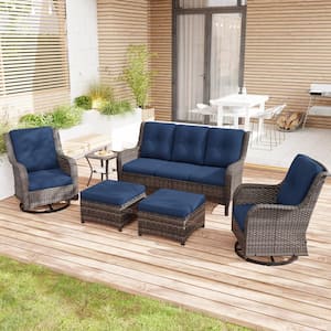 6-Piece Wicker Outdoor Patio Conversation Set Sectional Sofa with Swivel Rocking Chair, Ottomans and Blue Cushions
