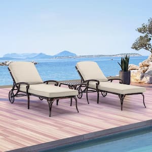 Messer Bronze 3-Piece Aluminum Outdoor Chaise Lounge with Beige Cushions and Table
