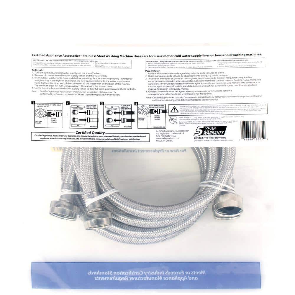 Certified 4ft Braided Stainless Steel Washing Machine Hoses, 2-Pack