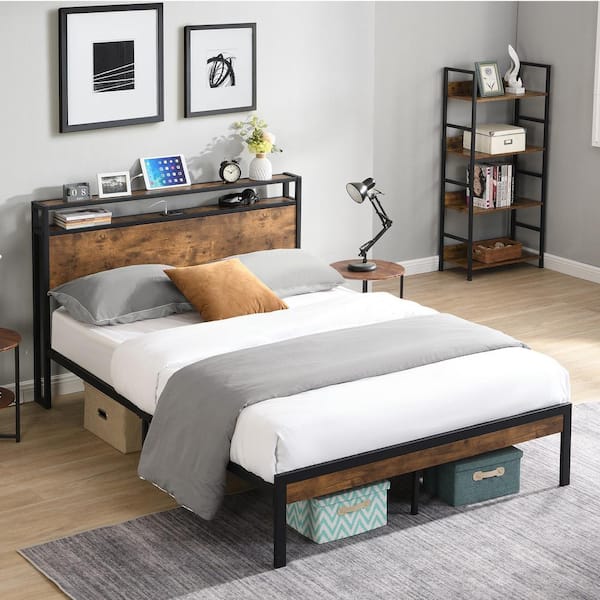 URTR Modern Industrial Black Metal Frame Full Platform Bed with Wooden Storage Headboard and Charging Station