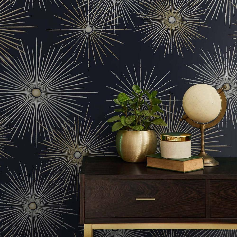 Midnight Blue and Gold Starburst Peel and Stick Wallpaper