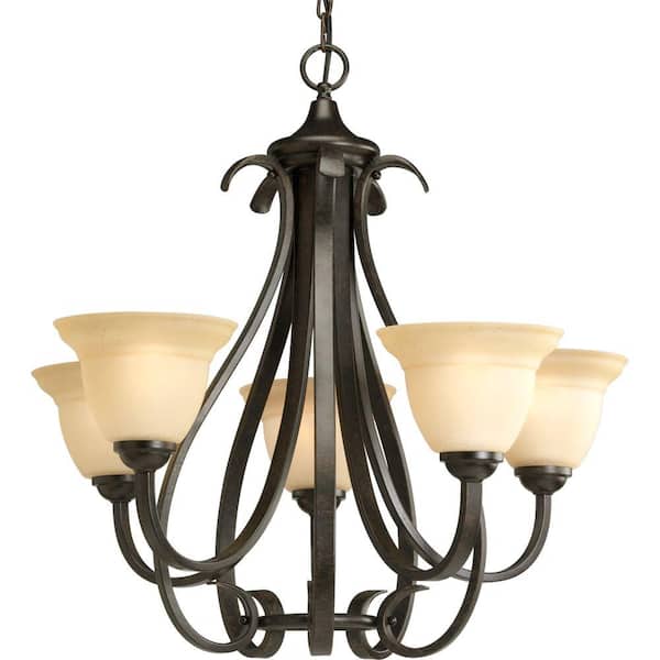 Progress Lighting Torino Collection 5-Light Forged Bronze Tea-Stained Glass Transitional Chandelier Light