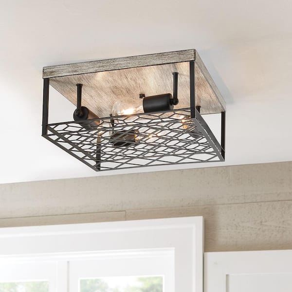 Hampton Bay Heather Glen 12.4 in. 4-Light Black Square Flush Mount, Industrial Ceiling Light