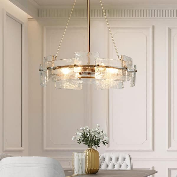 Glacera 6-Light Glass Drum Chandelier with Copper-Tone Finish, Contemporary Pendant Light for Kitchen Island or Entryway