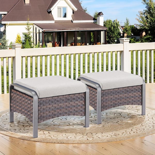 Brown Wicker Outdoor Ottoman with Metal Legs and Beige Cushions for Patio or Backyard Porch (2-Pack)