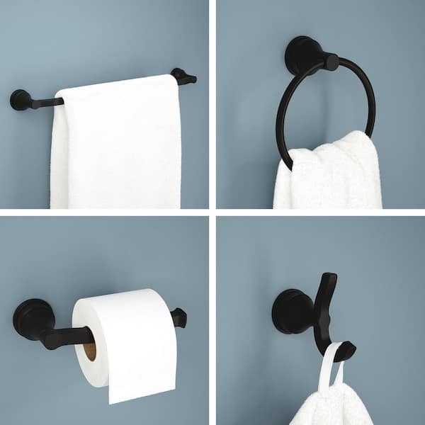 Faryn 4-Piece Bathroom Hardware Set Adjustable 18 or 24 in. Towel Bar, Toilet Paper Holder, Ring, Hook in Matte Black