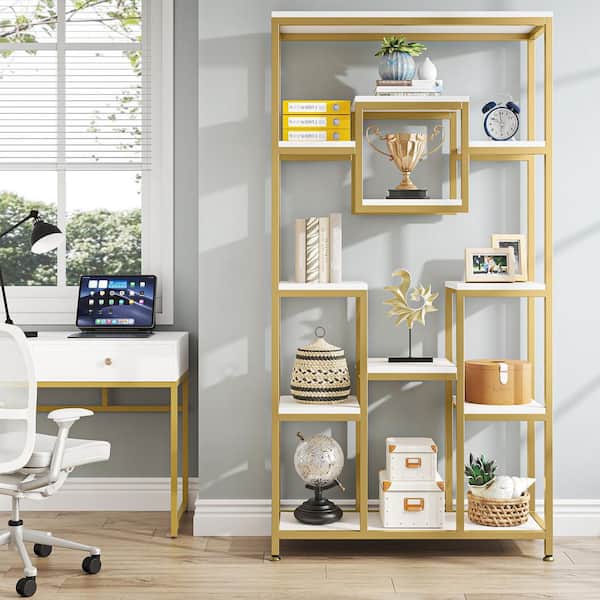 Frailey 71 in. Tall Gold White Wood 11-Tier Open Display Bookshelf, (Set of 2) Bookcase Storage Home Office 2-Piece