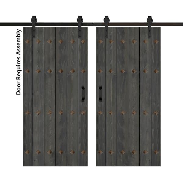 ISLIFE Mid-Century New Style 72 in. x 84 in. Carbon Gray Finished Solid Wood Double Sliding Barn Door with Hardware Kit