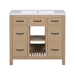 36 in. W x 18 in D. x 33 in. H Bathroom Vanity in Brown with 2-Drawers, 2-Cabinets and Single White Resin Sink Top