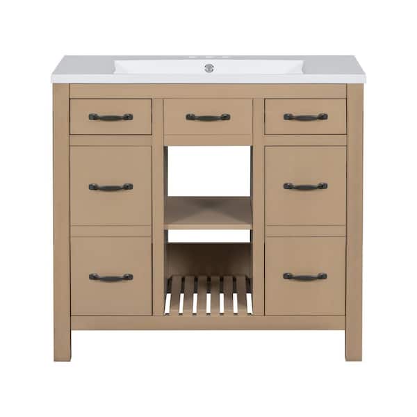 Cesicia 36 in. W x 18 in D. x 33 in. H Bathroom Vanity in Brown with 2-Drawers, 2-Cabinets and Single White Resin Sink Top
