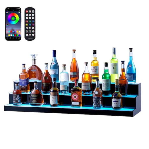 LED Lighted Liquor Bottle Display, 3 Tiers 48 In. Commercial Illuminated Home Bar Shelf, 3 Steps Whiskey Rack Stand