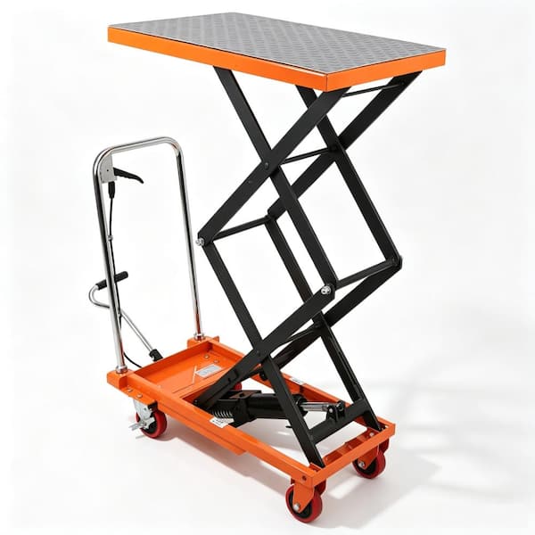 Hydraulic Lift Table Cart, 770 Lbs Capacity 59" Height Double Scissor Lift, Orange Mobile Cart with 4 Wheels