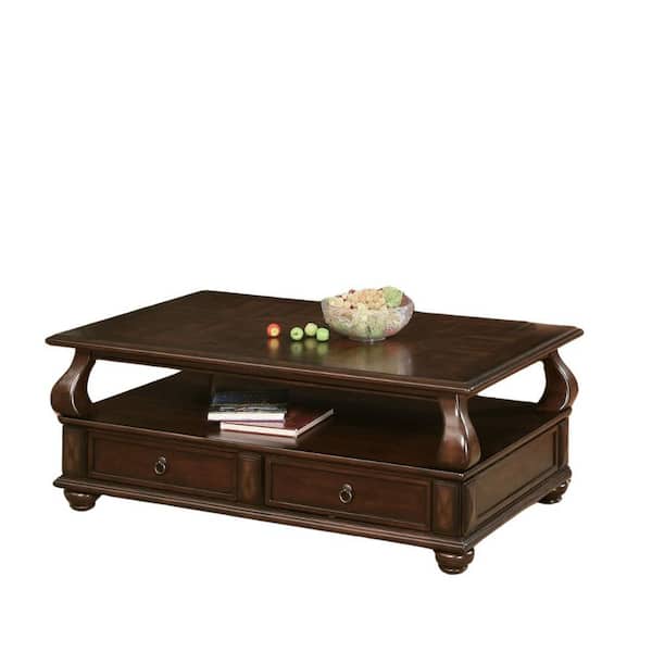 HomeRoots Mariana 50 in. Walnut Rectangle Wood Coffee Table with Drawers, and Shelves