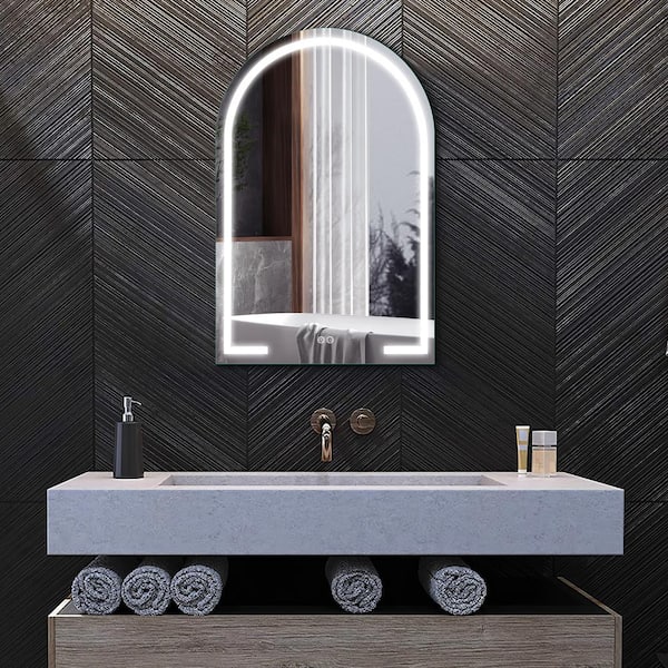 Dovelina 24 in. W x 31 in. H Arched Frameless Black LED Light Wall Anti-Fog Bathroom Vanity Mirror