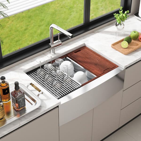 Farmhouse Kitchen Sink 304 Stainless Steel Drop-In Sinks 30 in. Top Mount Single Bowl Basin