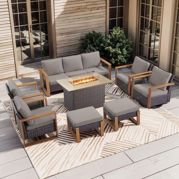 Funky 8-Piece Brown Wicker Outdoor Patio Rectangular Fire Pit Conversation Sofa Seating Set with Swivel and Gray Cushion
