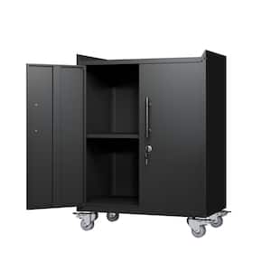30.31 in. W x 18.11 in. D x 30.1 in. H Black Metal Lockable Linen Cabinet with Wheels and Adjustable Shelf