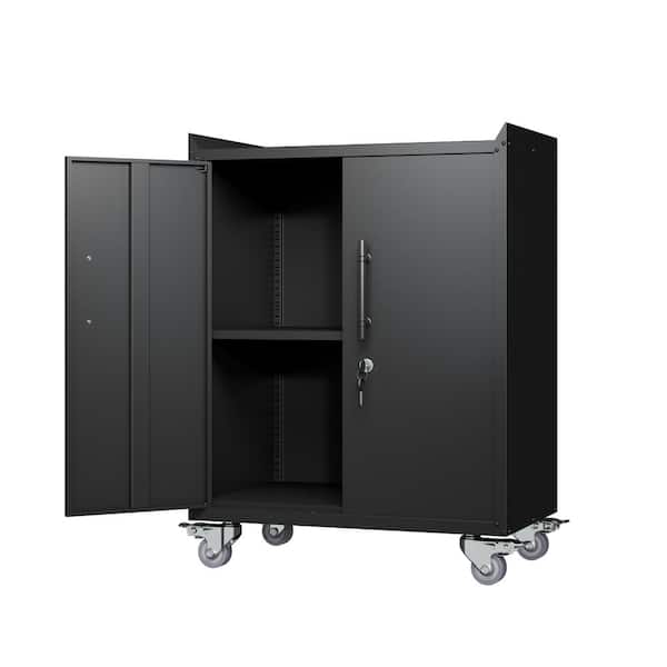 Unbranded 30.31 in. W x 18.11 in. D x 30.1 in. H Black Metal Lockable Linen Cabinet with Wheels and Adjustable Shelf
