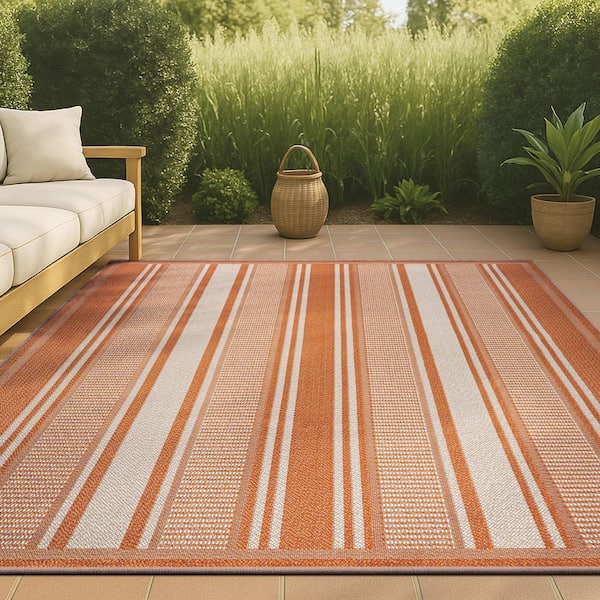 Haynes Modern Orange/Cream 8 ft. x 10 ft. Double Stripe Indoor/Outdoor Area Rug