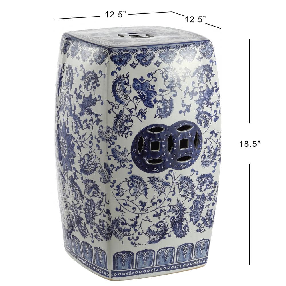 Chic Blue and White Chinoiserie Ceramic Square Garden Stool