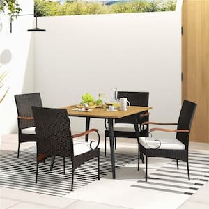 Brown 5-Piece Wood Square 29.5 Outdoor Dining Set with Off White Cushions 1.9 in. Umbrella Hole