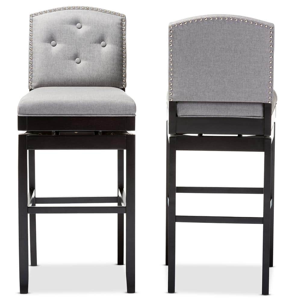Elegant Gray Fabric Swivel Barstool Set with Button Tufting and Nailhead Trim