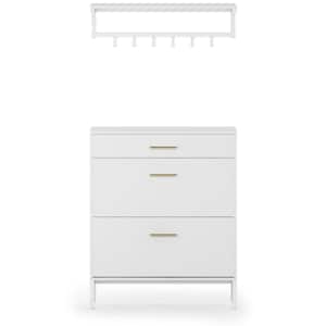 White Shoe Storage Cabinet with Drawer, Flip Shelves, and Wall Mount Rack