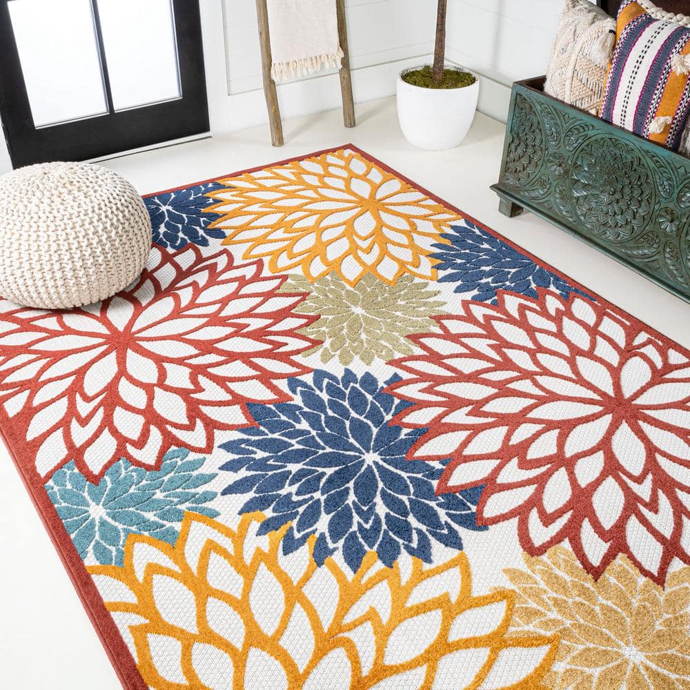 Minori Cream Red Blue Floral Synthetic Indoor Outdoor Rug