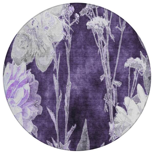 Chantille Machine Washable Indoor/Outdoor Abstract ACN2796 Eggplant 8 ft. x 8 ft. Round Rug